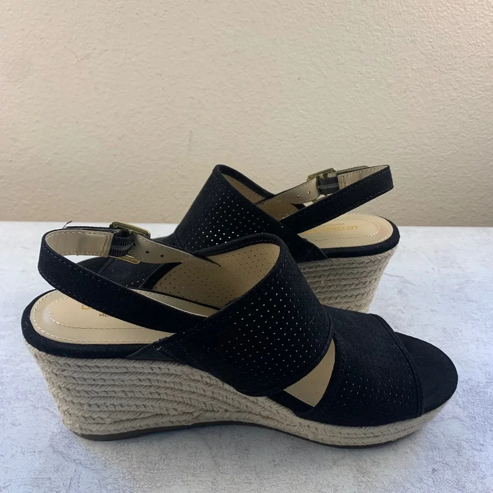 Liz Claiborne 8.5 Wedge Sandals Black LC Hatcher Perforated Espadrille Slingback